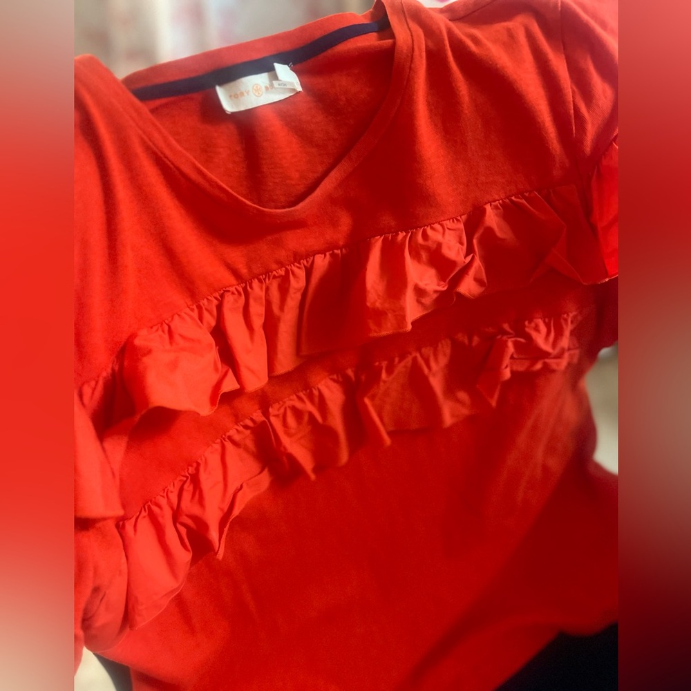 Tory Burch Orange Color 100% Cotton Ruffled T Shirt Size XL - Picture 4 of 5